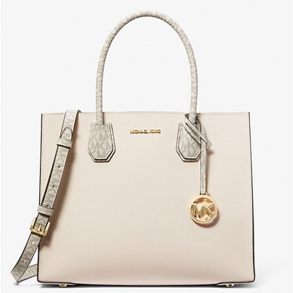 MICHAEL KORS Mercer Large Leather and Signature Logo Accordion Tote Bag - Picture 1 of 3